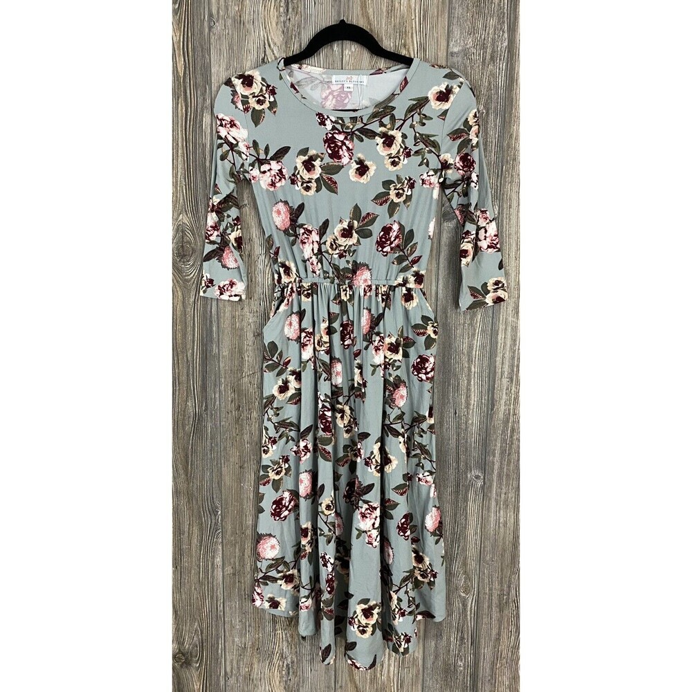 Bailey's Blossoms Dress XS Grey Floral Stretchy Pockets 3/4‎ Sleeve NWT